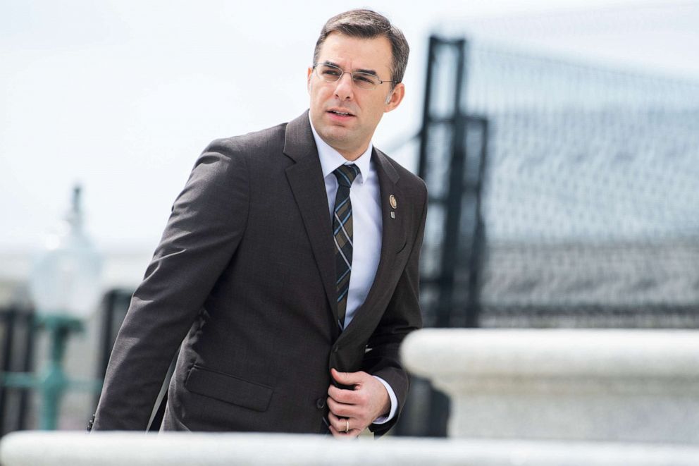 PHOTO: Rep. Justin Amash, I-Mich., is seen on the House steps of the Capitol before the House passed a $2 trillion coronavirus aid package by voice vote on Friday, March 27, 2020.
