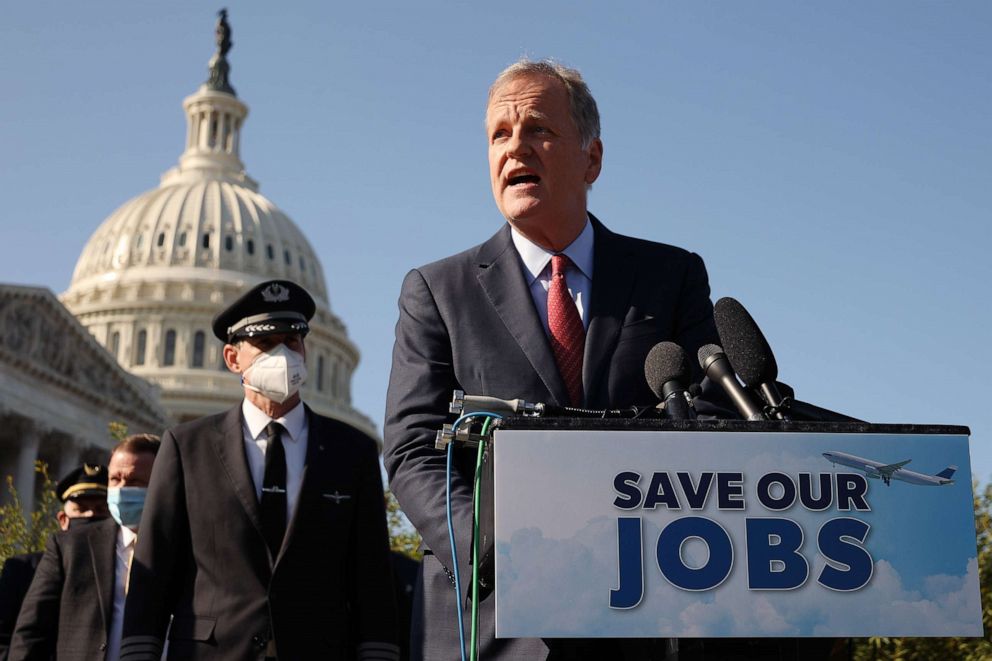 PHOTO: American Airlines CEO Doug Parker joins fellow airline executives, union heads and politicians, outside the U.S. Capitol, Sept. 22, 2020, in Washington.