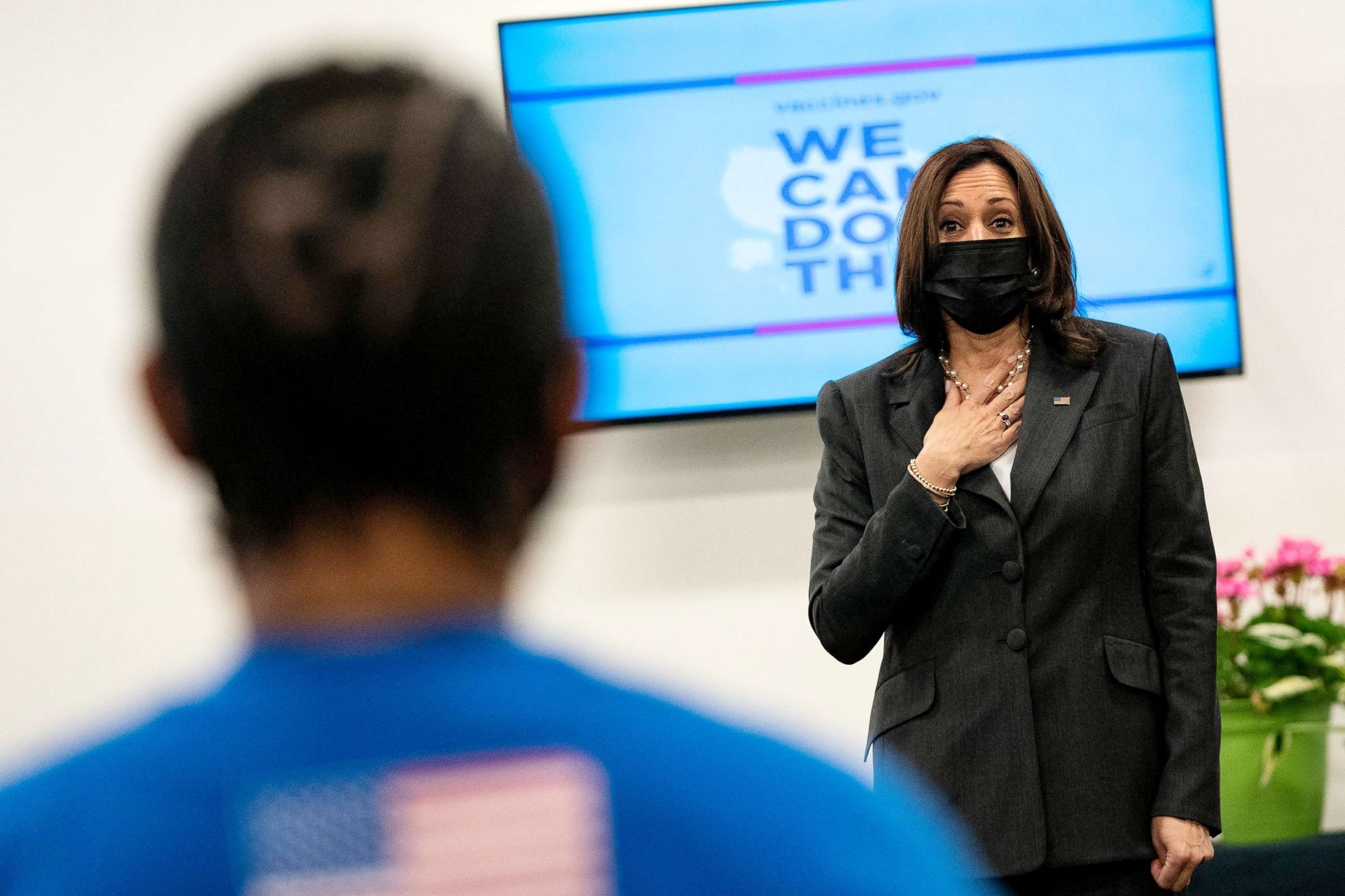 PHOTO: Vice President Kamala Harris speaks with recently vaccinated church members and she tours a Covid-19 vaccination clinic at Ebenezer Baptist Church in Atlanta, June 18, 2021. 