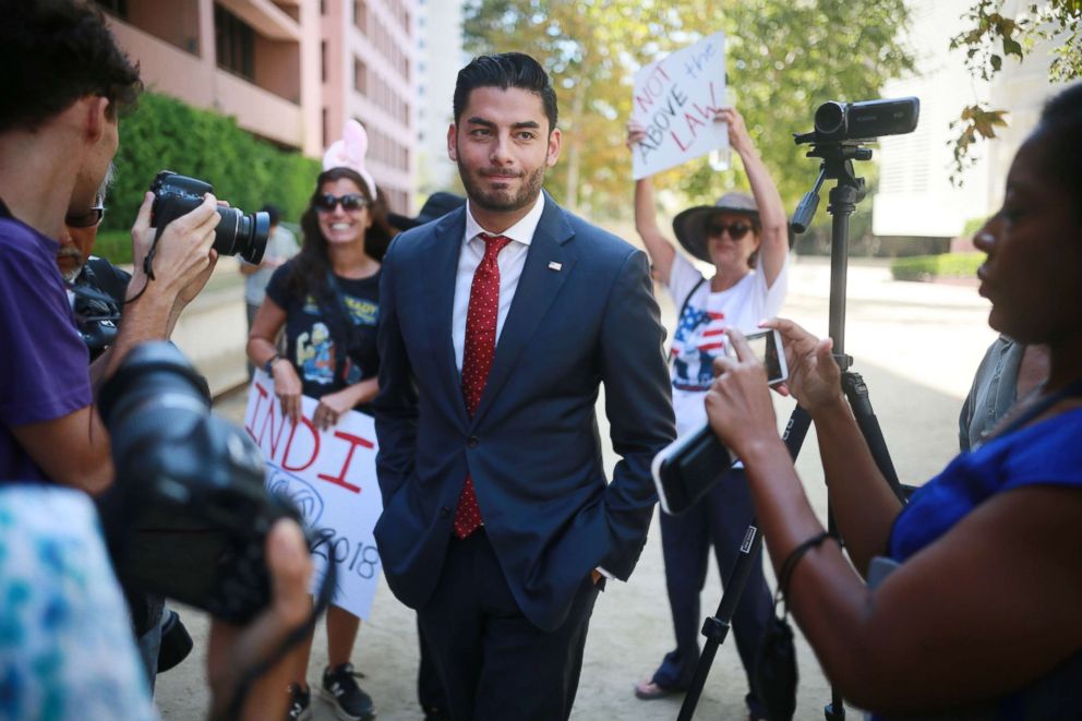 PHOTO: Ammar Campa-Najjar, who is running against Congressman Duncan Hunter, speaks to reporters outside the San Diego Federal  Courthouse during Congressman Hunter's arraignment hearing, Aug. 23, 2018, in San Diego, CA.