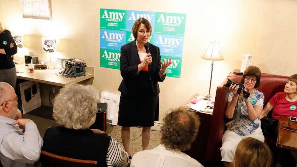 Democratic presidential candidate Sen. Amy Klobuchar, D-Minn., speaks to local residents during a meet and greet at a coffee shop, May 25, 2019, in Iowa Falls, Iowa.