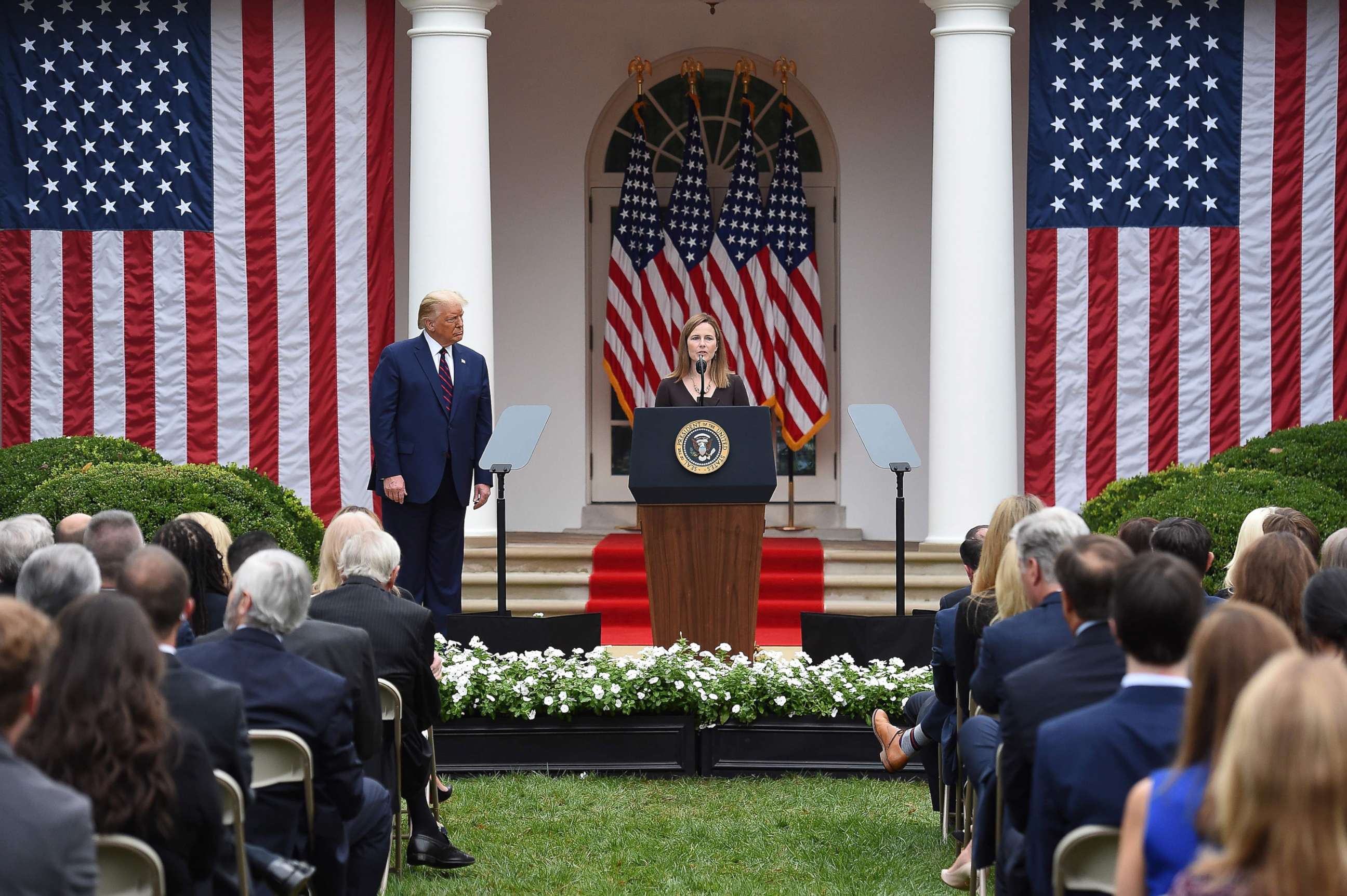 PHOTO: Judge Amy Coney Barrett speaks after being nominated to the US Supreme Court by President Donald Trump in the Rose Garden of the White House in Washington, DC, on Sept. 26, 2020.