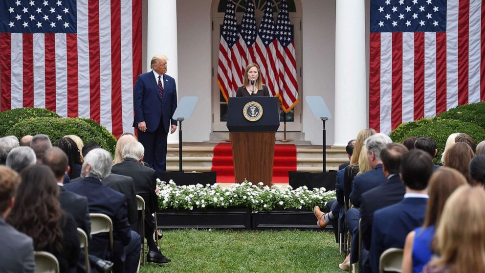 PHOTO: Judge Amy Coney Barrett speaks after being nominated to the US Supreme Court by President Donald Trump in the Rose Garden of the White House in Washington, DC, on Sept. 26, 2020.