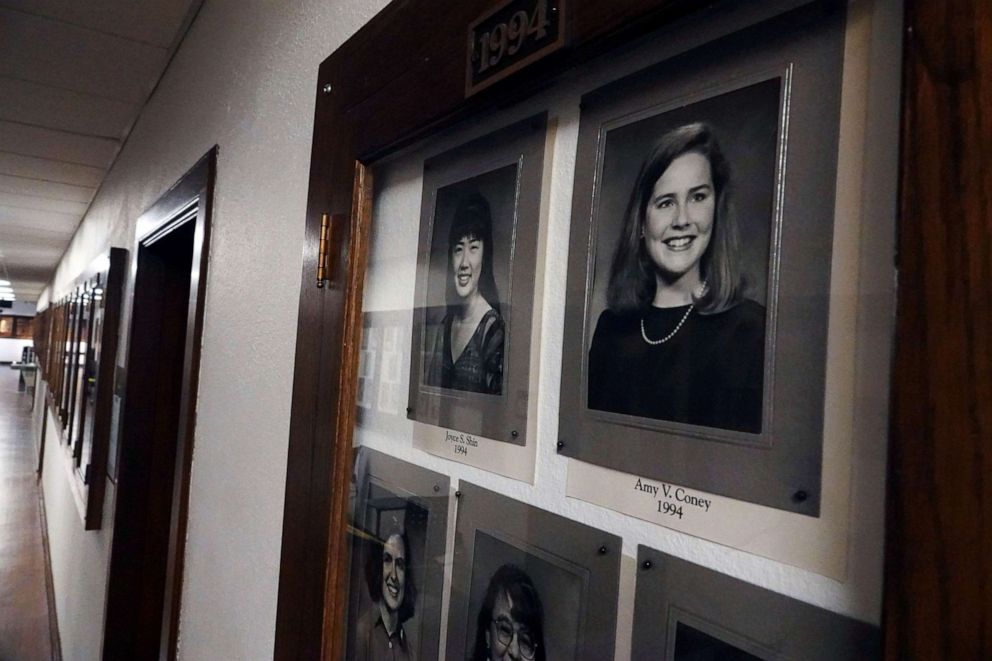 PHOTO: A photo of Amy Coney Barrett, a potential Supreme Court nominee, hangs in the Hall of Fame of Rhodes College in Memphis, Tenn., Sept. 22, 2020.