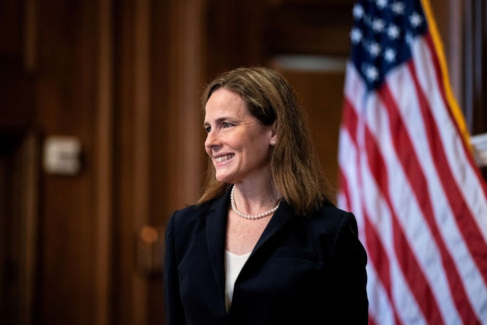 PHOTO: Judge Amy Coney Barrett, President Donald Trump's Nominee for Supreme Court, poses for a photo before a meeting with Senator Roy Blunt on Capitol Hill in Washington DC, Oct. 21, 2020.