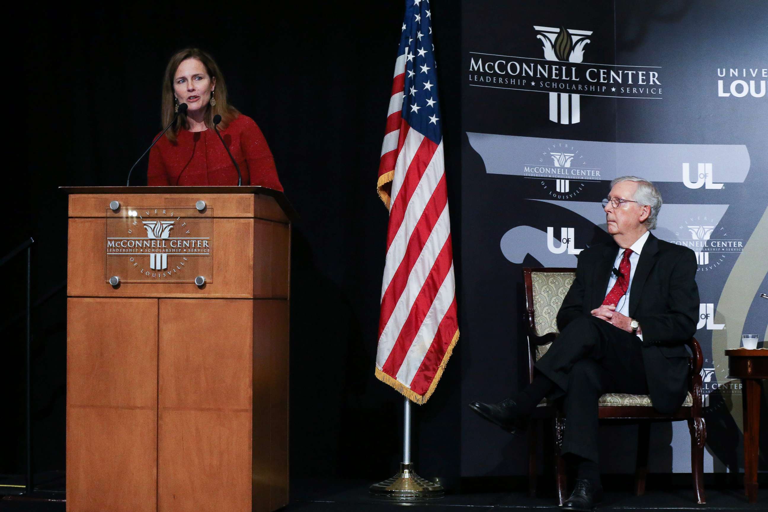 PHOTO: U.S. Supreme Court Associate Justice Amy Coney Barrett made remarks during a lecture at the McConnell Center held at the Seelbach Hotel in Louisville, Ky. on Sep. 12, 2021.