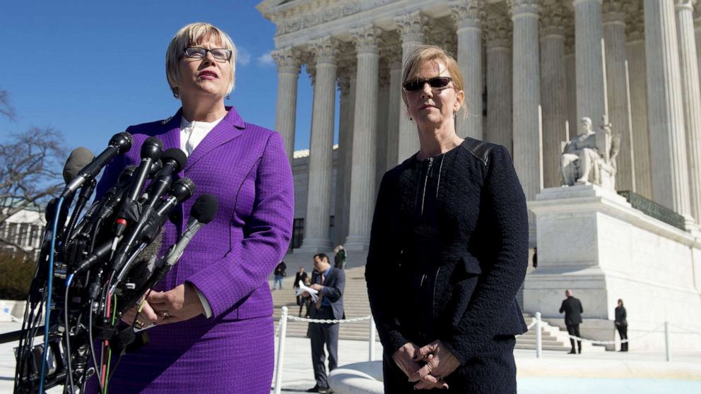 PHOTO: Amy Hagstrom Miller and Nancy Northup speak to the media outside of the Supreme Court in Washington, DC, March 2, 2016, following oral arguments in the case of Whole Woman's Health v. Hellerstedt, which deals with access to abortion.
