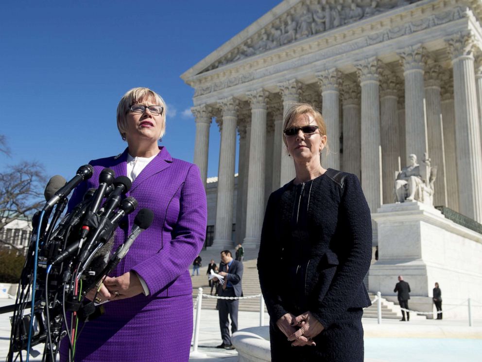 PHOTO: Amy Hagstrom Miller and Nancy Northup speak to the media outside of the Supreme Court in Washington, DC, March 2, 2016, following oral arguments in the case of Whole Woman's Health v. Hellerstedt, which deals with access to abortion.