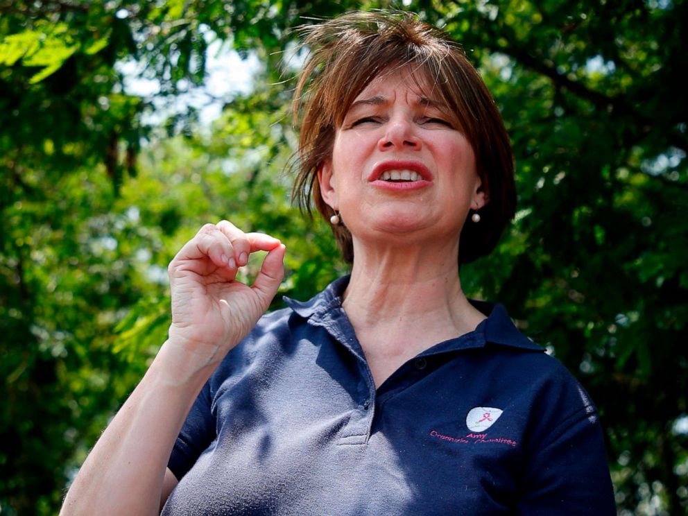 PHOTO: Sen. Amy Klobuchar addresses the media in front of a detention center for migrant children in Homestead, Fla., June 26, 2019.
