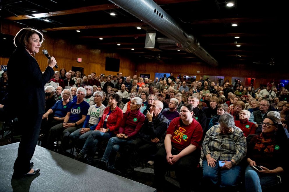 PHOTO: Democratic presidential candidate Sen. Amy Klobuchar, D-Minn., speaks at a campaign stop at Jethro's BBQ Steak n' Chop, Jan. 26, 2020, in Ames, Iowa.