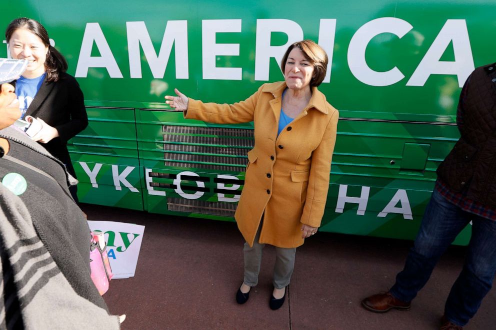 PHOTO: Democratic presidential candidate Sen. Amy Klobuchar speaks to local residents at a campaign event on the start of her bus tour in Cedar Rapids, Iowa, Oct. 18, 2019.