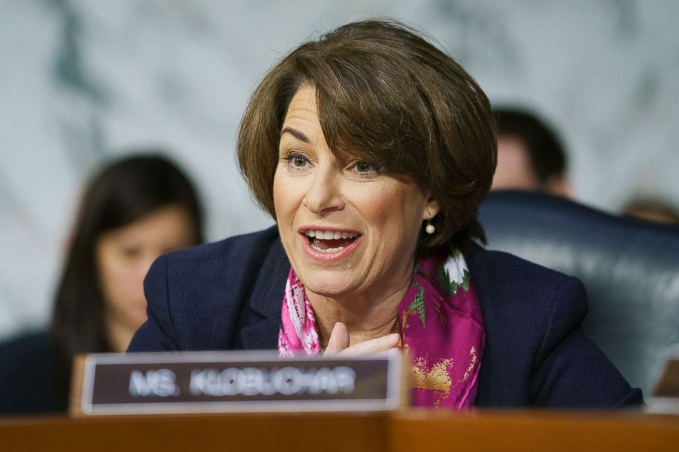 PHOTO: Senate Judiciary Committee member Sen. Amy Klobuchar questions Attorney General nominee William Barr during a Senate Judiciary Committee hearing on Capitol Hill in Washington,D.C., Jan. 15, 2019.