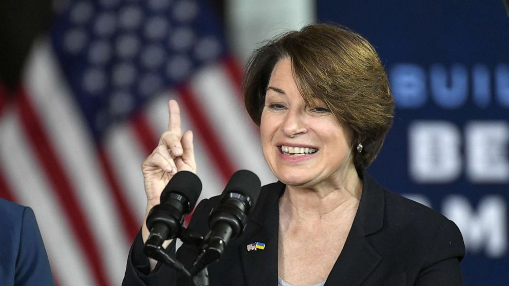 PHOTO: In this March 2, 2022, file photo, Sen. Amy Klobuchar speaks at an event where President Joe Biden appeared to talk about the $1 trillion infrastructure law, at the University of Wisconsin-Superior, in Superior, Wis.