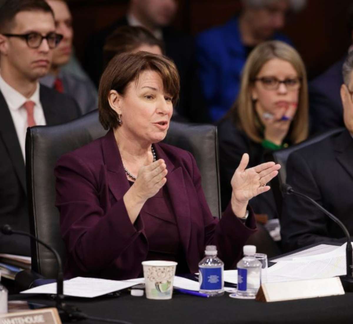 Democratic member of the Senate Judiciary Committee Sen. Amy Klobuchar, D-Minn., questions the Republican side on Monday, April 3, 2017, on Capitol Hill in Washington.