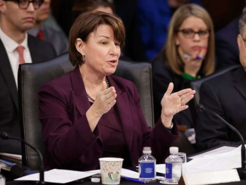 Democratic member of the Senate Judiciary Committee Sen. Amy Klobuchar, D-Minn., questions the Republican side on Monday, April 3, 2017, on Capitol Hill in Washington.