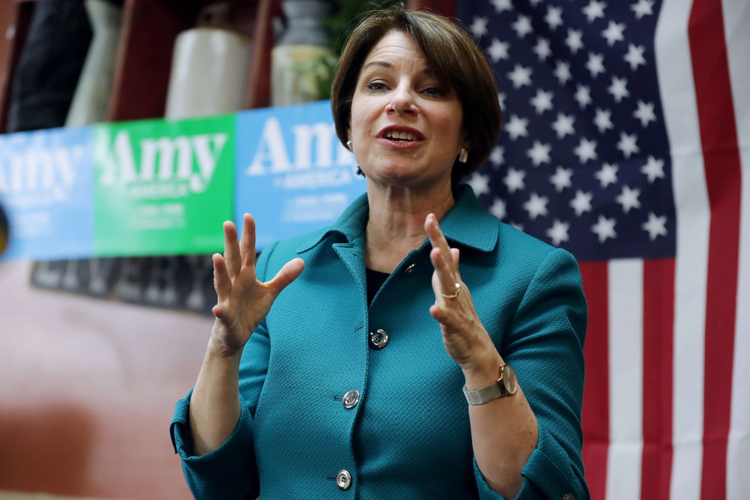 PHOTO: Sen. Amy Klobuchar addresses voters while campaigning for the Democratic presidential nomination at the Pizza Ranch restaurant March 16, 2019 in Independence, Iowa.