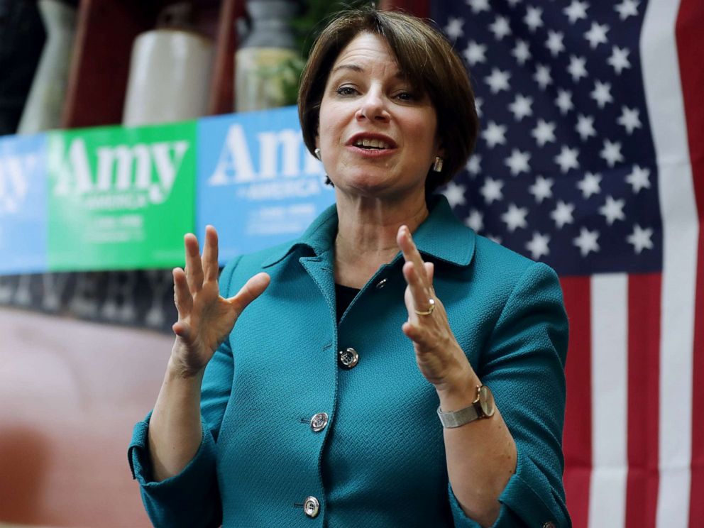 PHOTO: Sen. Amy Klobuchar addresses voters while campaigning for the Democratic presidential nomination at the Pizza Ranch restaurant March 16, 2019 in Independence, Iowa.