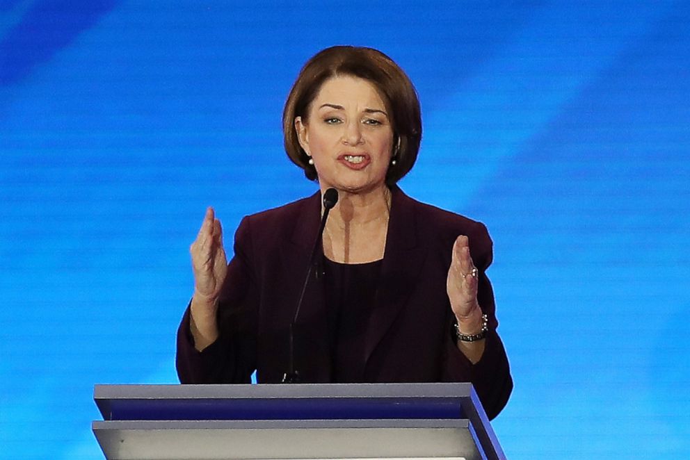 PHOTO: Sen. Amy Klobuchar participates in the Democratic presidential primary debate in the Sullivan Arena at St. Anselm College, Feb. 7, 2020, in Manchester, New Hampshire.