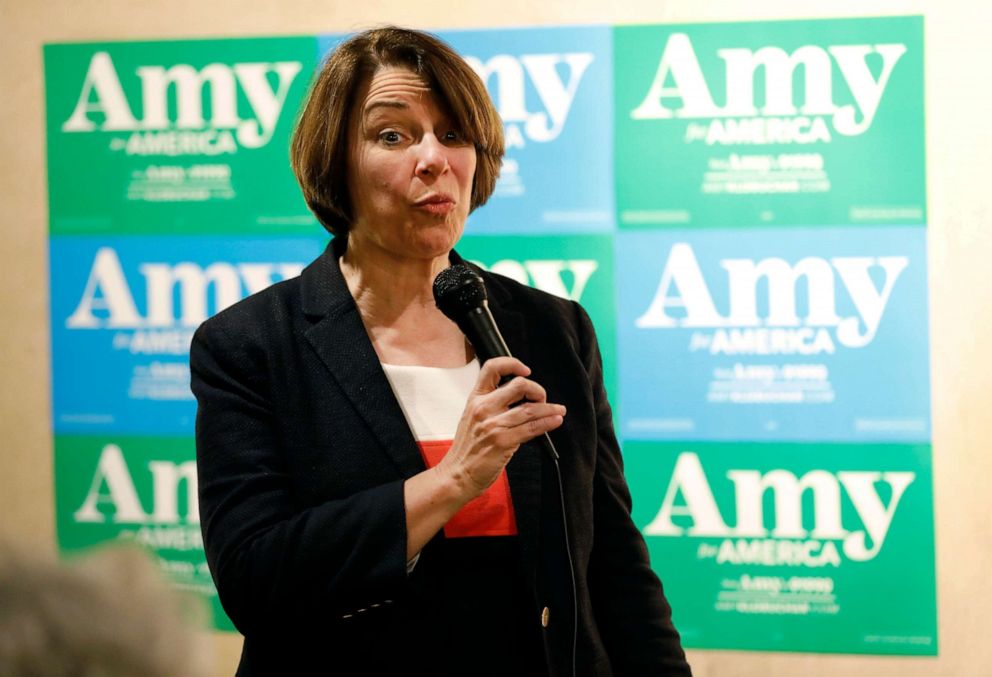 PHOTO: Democratic presidential candidate Sen. Amy Klobuchar, D-Minn., speaks to local residents during a meet and greet at a coffee shop, May 25, 2019, in Iowa Falls, Iowa.