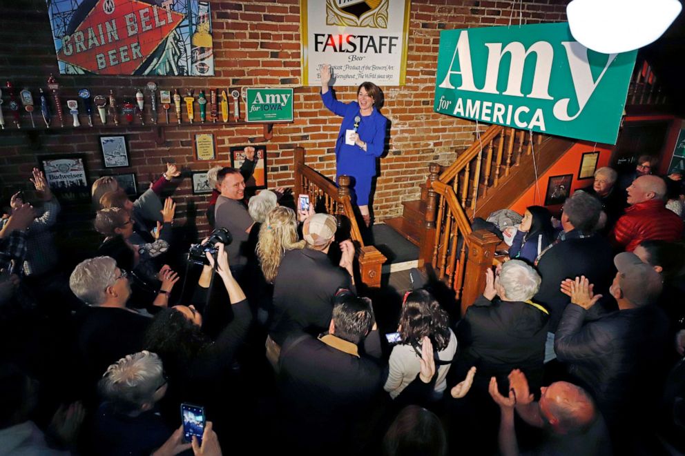 PHOTO: Democratic presidential candidate Sen. Amy Klobuchar, D-Minn., addresses a gathering at Barley's Taproom in Council Bluffs, Iowa, Jan. 28, 2020.