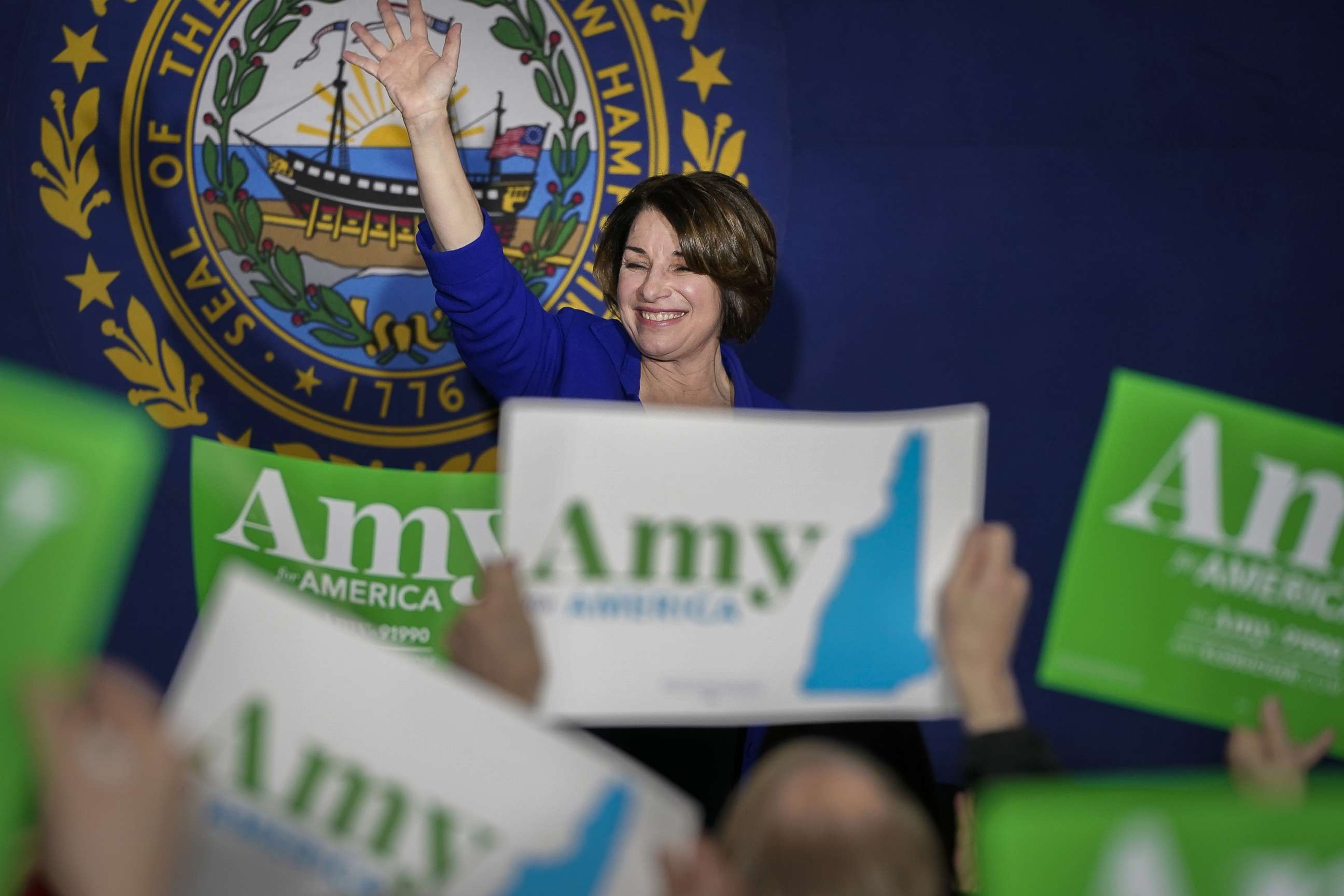 PHOTO: Democratic presidential candidate Sen. Amy Klobuchar waves after speaking during a Get Out The Vote event at the University of Southern New Hampshire in Manchester, N.H., Feb. 9, 2020.
