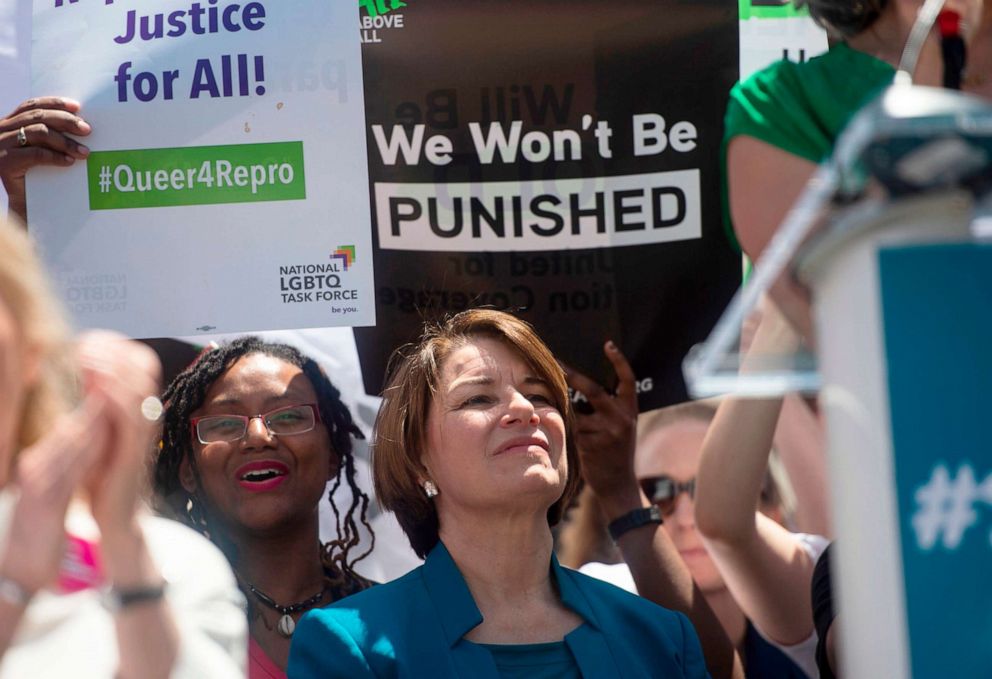 PHOTO: Democratic presidential candidate Senator Amy Klobuchar speaks outside the US Supreme Court during a pro-choice rally in Washington, DC, May 21, 2019.