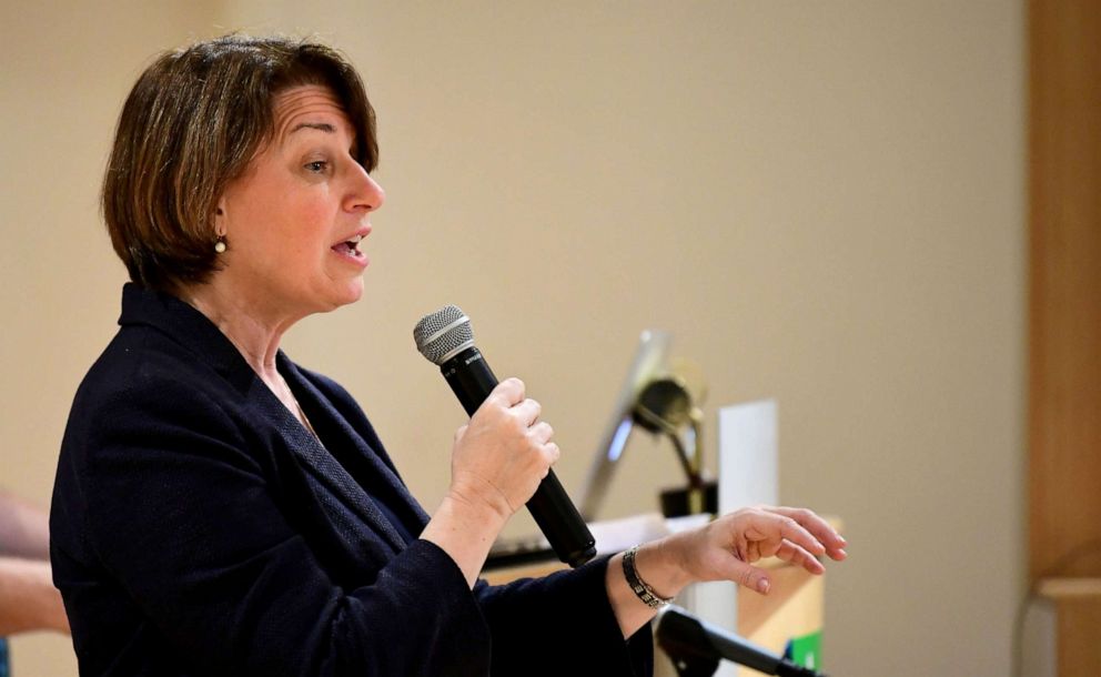 PHOTO: Democratic presidential candidate and Minnesota Senator Amy Klobuchar addresses the audience at a Santa Monica Democratic Club meet and greet, May 28, 2019, in Santa Monica, Calif.