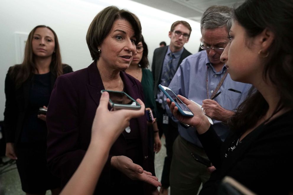 PHOTO: Sen. Amy Klobuchar speaks to members of the media after Senate Judiciary Committee voted to approve, along party lines, the nomination of Judge Brett Kavanaugh to the Supreme Court, Sept. 28, 2018, on Capitol Hill in Washington, DC.