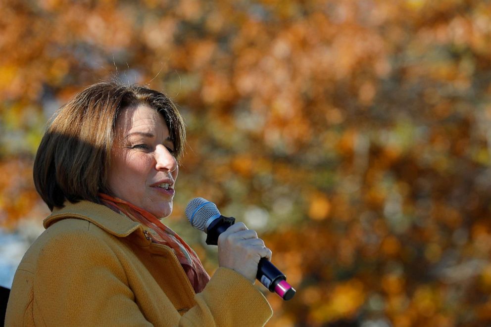 PHOTO: Senator and Democratic Presidential candidate Amy Klobuchar speaks to supporters after filing her declaration of candidacy papers for the 2020 New Hampshire primary election ballot at the State House in Concord, New Hampshire, Nov. 6, 2019.