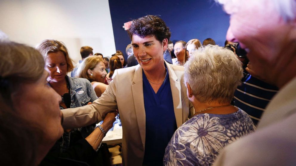 Amy McGrath greets supporters following her victory in Kentucky's 6th Congressional District primary election,  May 22, 2018, in Richmond, Ky.