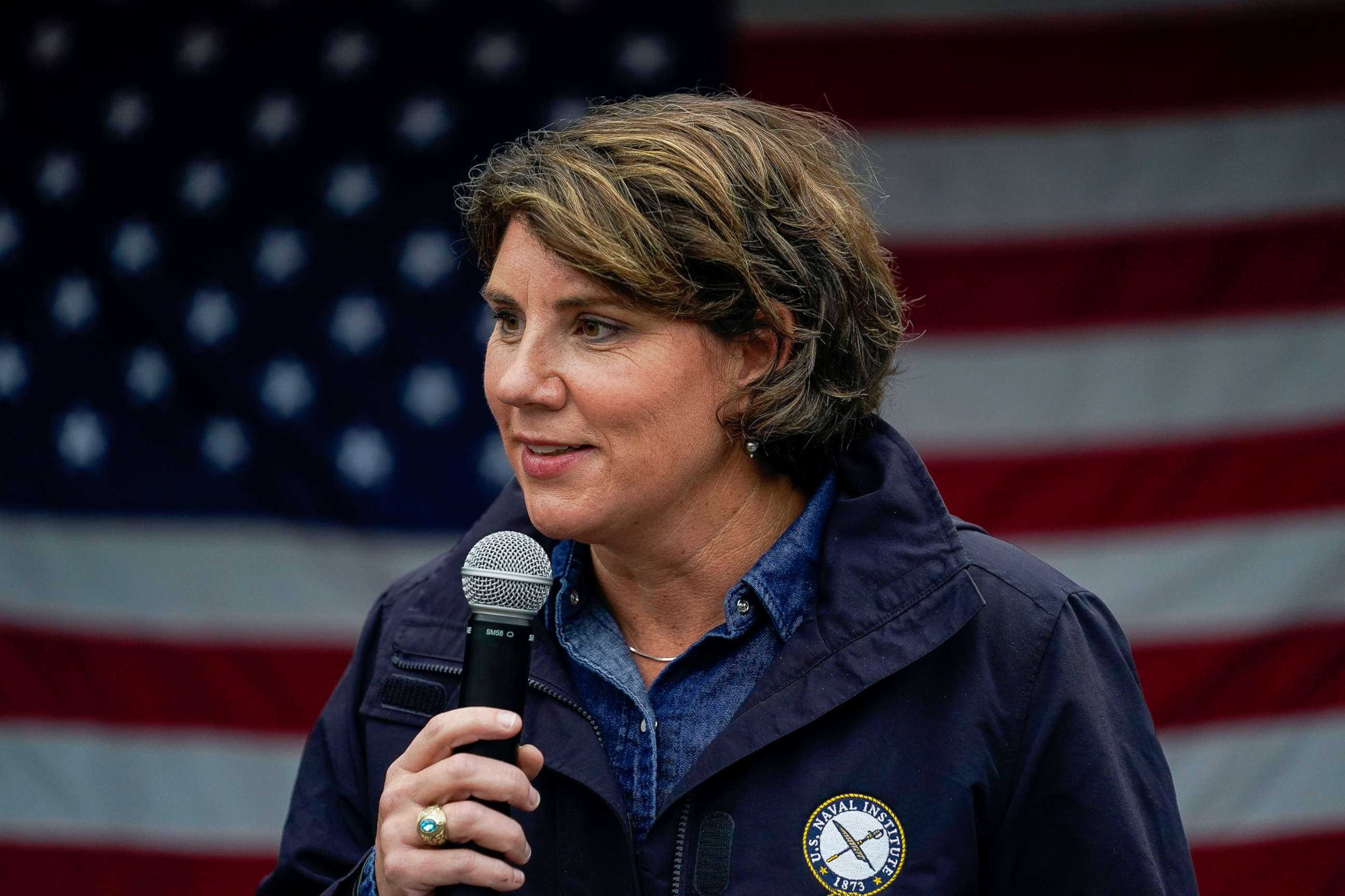 PHOTO: Democratic Senate candidate Amy McGrath speaks at a campaign event in Danville, Ky., Oct. 28, 2020.