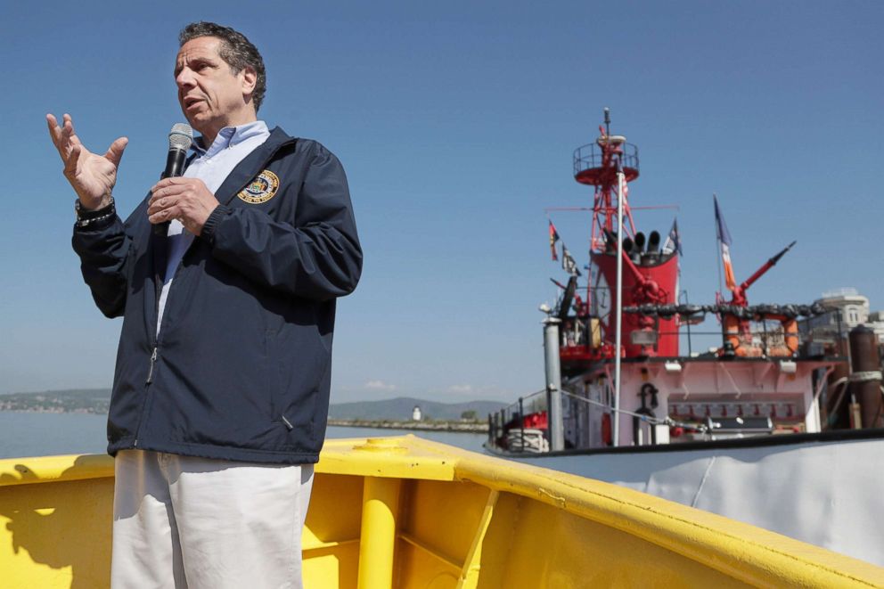 PHOTO: New York Gov. Andrew Cuomo speaks while atop a small boat about the recent news of allegations of violence against women by state Attorney General Eric Schneiderman, May 8, 2018, in Tarrytown, N.Y.