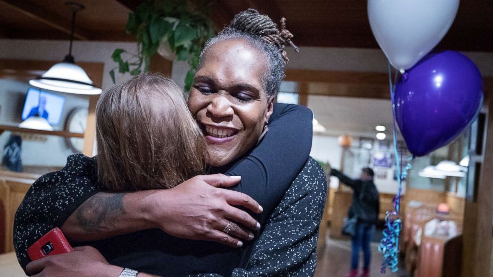 PHOTO: Andrea Jenkins hugs a supporter as she won the Minneapolis Ward 8: Council Member race in Minneapolis, Nov. 7, 2017.