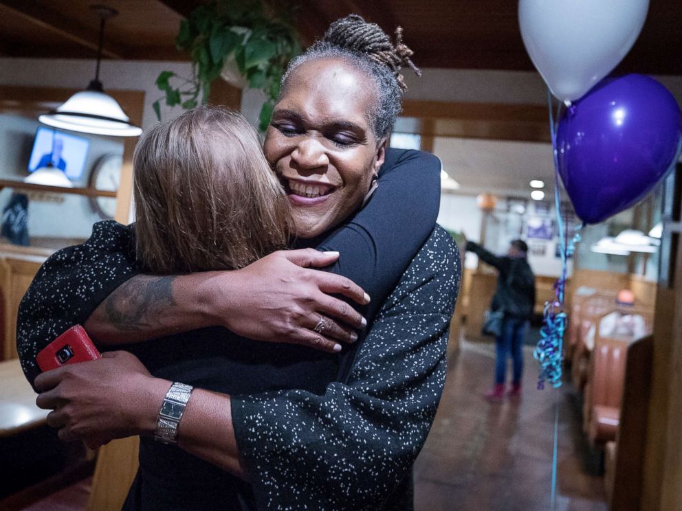 PHOTO: Andrea Jenkins hugs a supporter as she won the Minneapolis Ward 8: Council Member race in Minneapolis, Nov. 7, 2017.