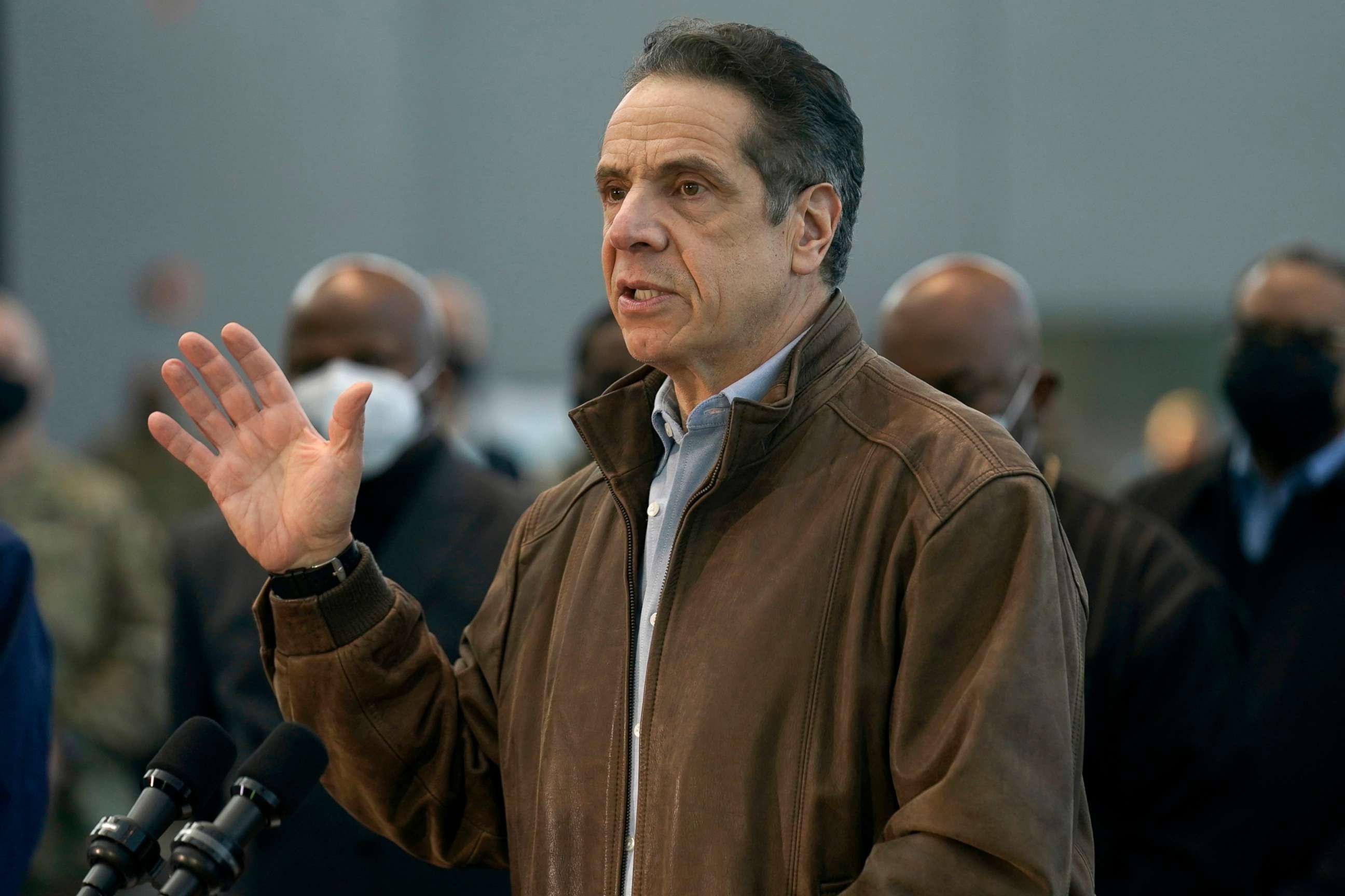 PHOTO: Gov. Andrew Cuomo speaks at a vaccination site on March 8, 2021, in New York.