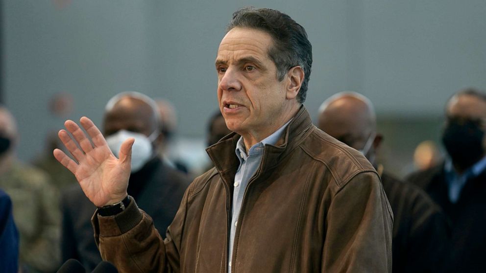 PHOTO: Gov. Andrew Cuomo speaks at a vaccination site on March 8, 2021, in New York.