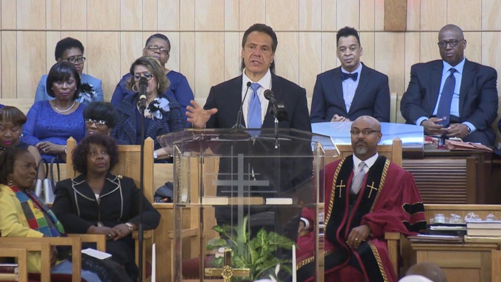 PHOTO: New York Gov. Andrew Cuomo addresses the congregation at the First Baptist Church of Crown Heights in the Brooklyn borough of New York, Aug. 19, 2018.