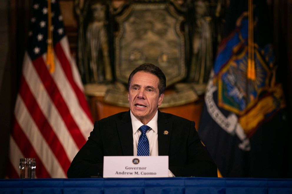 PHOTO: New York Governor Andrew Cuomo is shown his daily press briefing in Albany, New York, April 13, 2020.