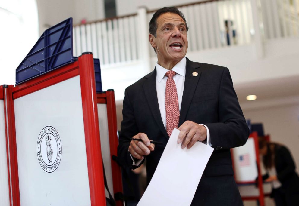 PHOTO: New York Governor Andrew Cuomo holds his ballot while voting in the New York Democratic primary election at the Presbyterian Church in Mt. Cisco, N.Y., Sept. 13, 2018.