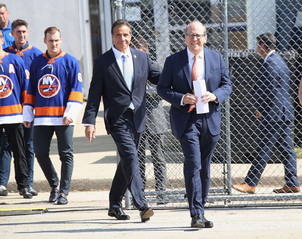PHOTO: Gov. Andrew Cuomo and New York Islanders co-owner Jon Ledecky arrive for the groundbreaking ceremony for the Islanders hockey arena at Belmont Park  in Elmont, N.Y., Sept. 23, 2019.