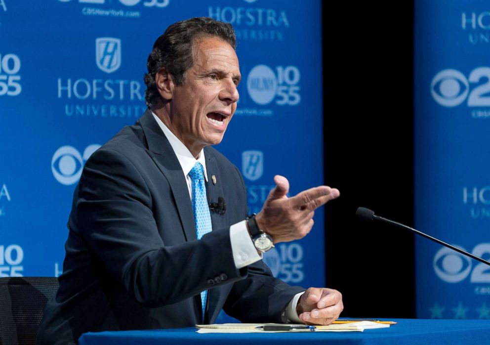 PHOTO: New York Governor Andrew Cuomo answers a question during a gubernatorial debate with Democratic New York gubernatorial candidate Cynthia Nixon at Hofstra University in Hempstead, New York, Aug. 29, 2018.