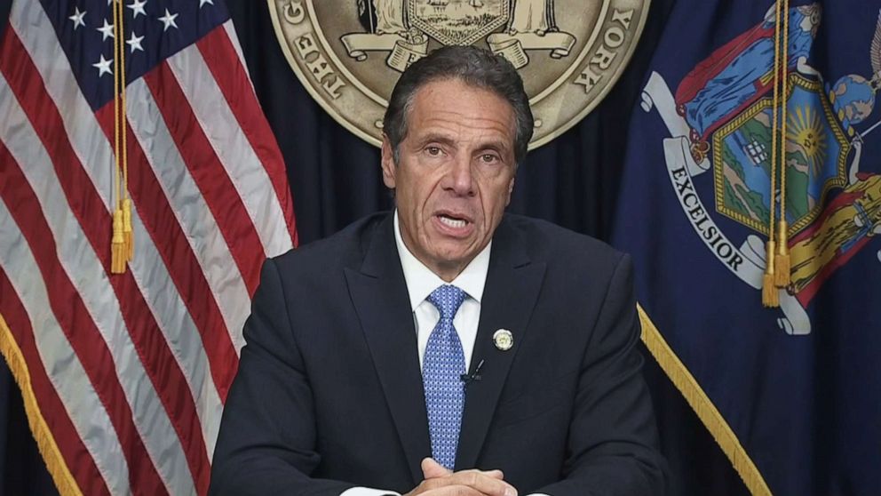 PHOTO: Governor Andrew Cuomo talks about his daughters while announcing that he is leaving office after sexual harassment allegations against him in New York, Aug. 10, 2021.