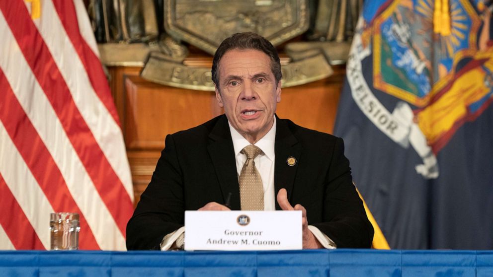 PHOTO: Governor Andrew Cuomo holds a briefing on the COVID-19 response at New York State Capitol in Albany, New York, April 22, 2020.