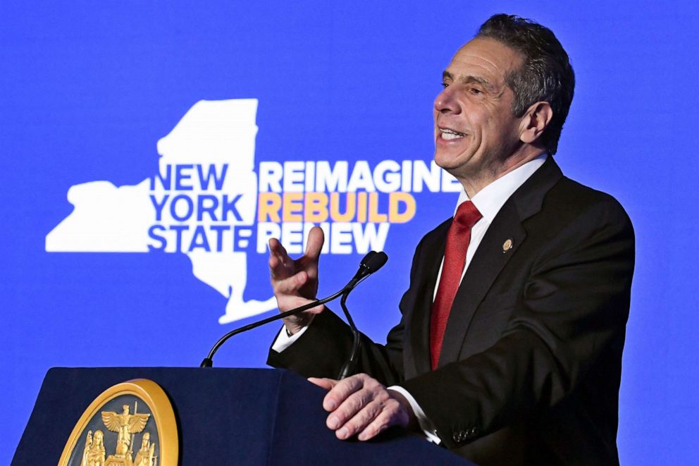 PHOTO: In this Jan. 11, 2021 file photo, New York Gov. Andrew Cuomo delivers his State of the State address virtually from The War Room at the state Capitol, in Albany, N.Y.