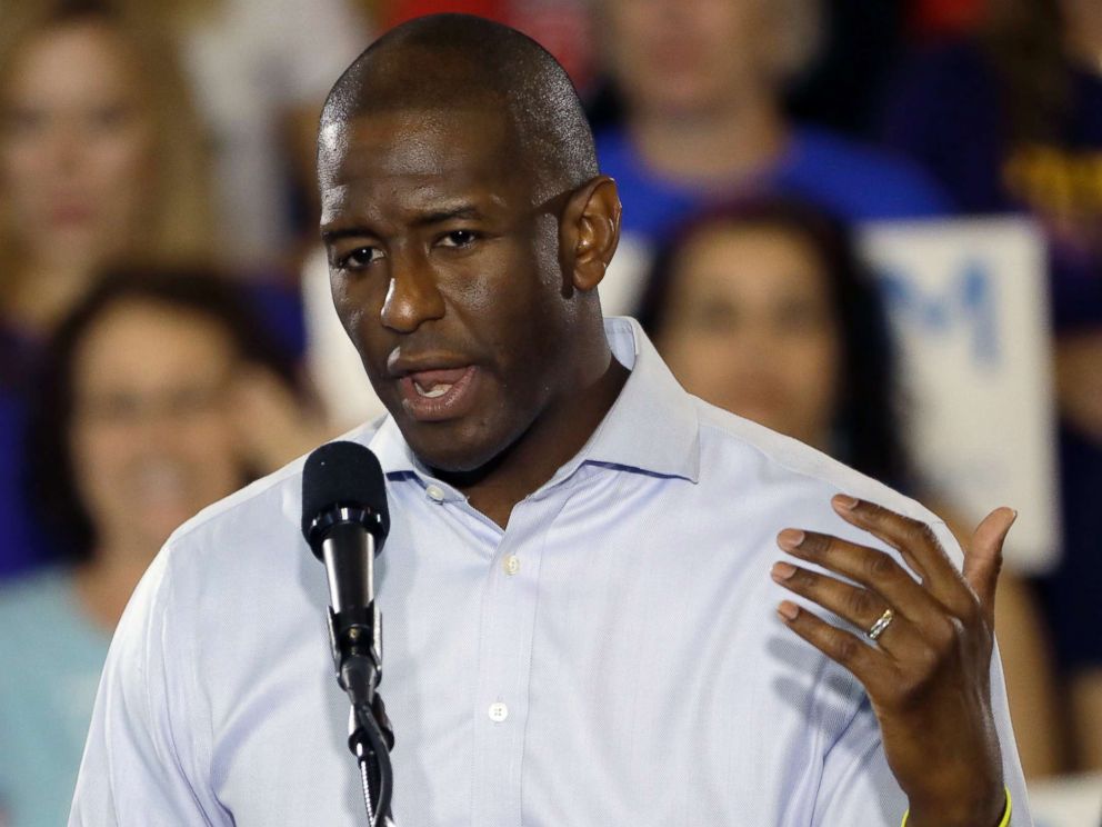 PHOTO: Florida Democratic gubernatorial candidate Andrew Gillum gestures during a campaign rally along with U.S. Sen. Bill Nelson, Oct. 22, 2018, at the University of South Florida in Tampa, Fla.
