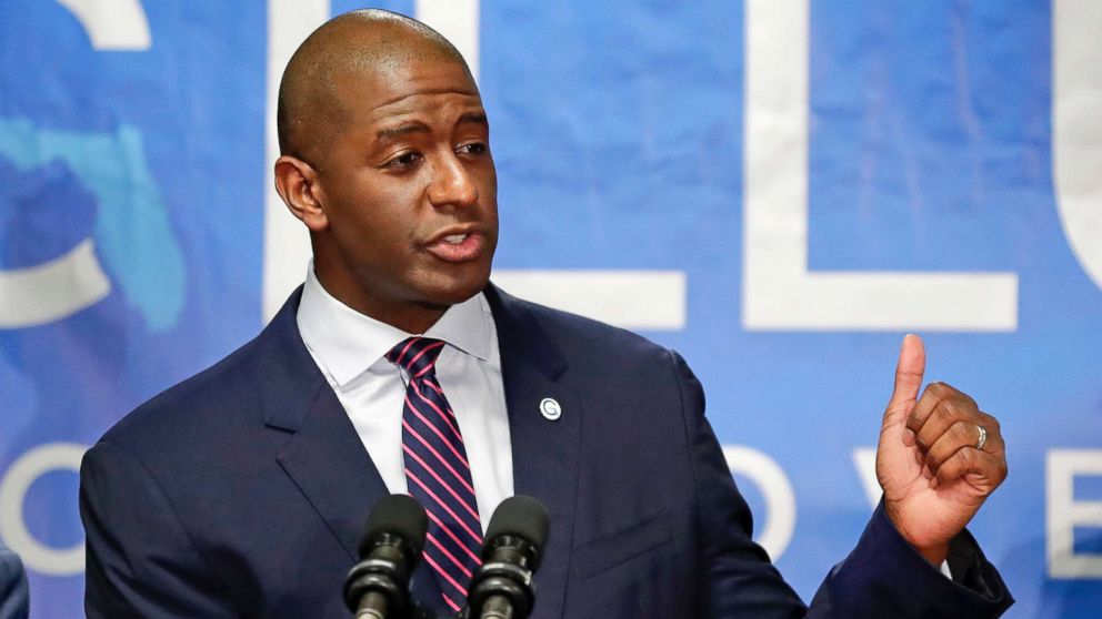 PHOTO: Florida Democratic gubernatorial candidate Andrew Gillum speaks to supporters during a campaign rally in Kissimmee, Fla., Oct. 1, 2018.