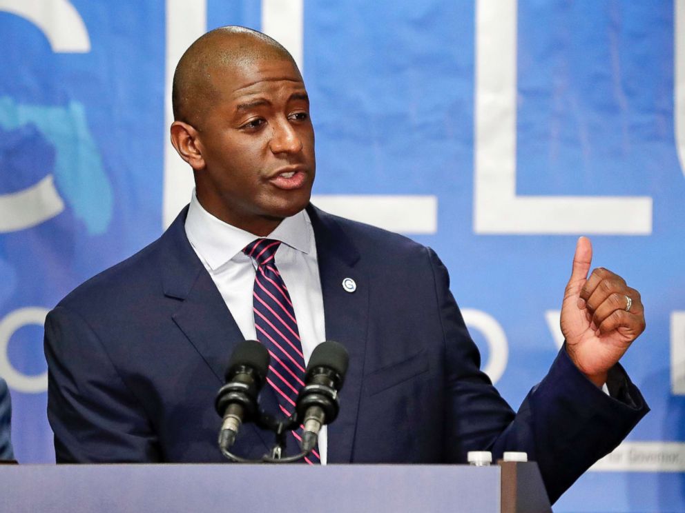 PHOTO: Florida Democratic presidential candidate Andrew Gillum speaks to fans at a campaign rally in Kissimmee, Florida on October 1, 2018.