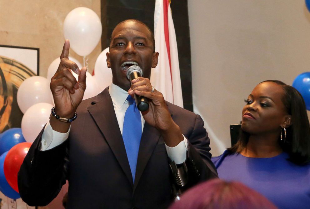 PHOTO: Andrew Gillum with his wife, R. Jai Gillum at his side addresses his supporters after winning the Democrat primary for governor, Aug. 28, 2018, in Tallahassee, Fla.