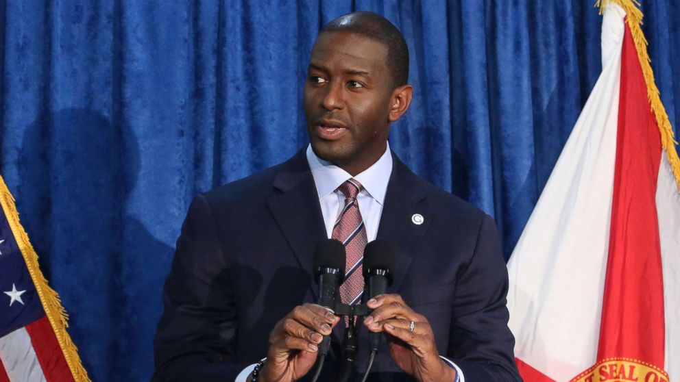 Andrew Gillum, the Democrat candidate for governor, withdraws his concession in the race at a news conference on Nov. 10, 2018, in Tallahassee, Fla.