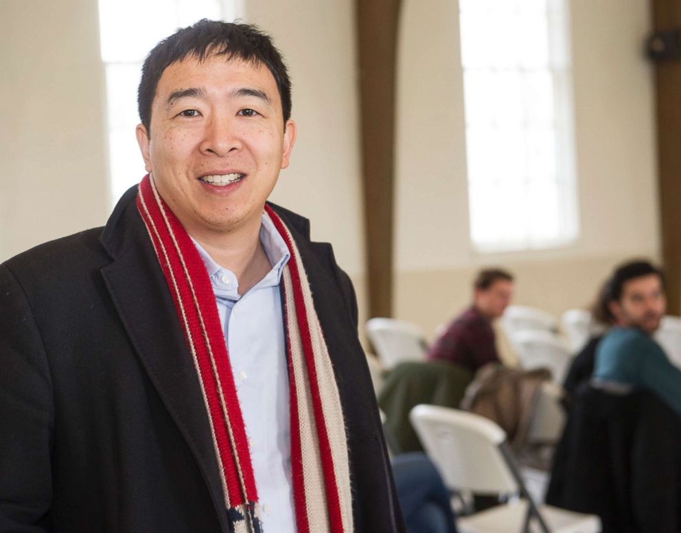 PHOTO: Andrew Yang, a candidate in the Democratic primaries for president, arrives at a town hall meeting sponsored by the Euclid chapter of the NAACP at Christ Lutheran Church in Cleveland, Feb. 24, 2019.
